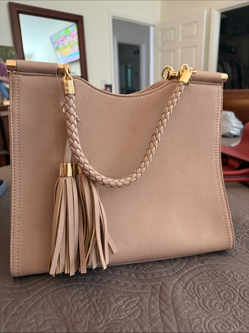 Neutral Taupe Leather Tassel Tote - Women's Bag